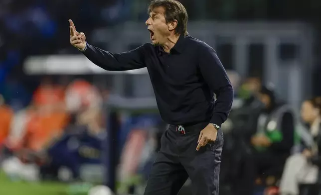 Napoli head coach Antonio Conte shouts on the sideline during a Serie A soccer match against Genoa at the Diego Armando Maradona Stadium in Naples, southern Italy, Sunday, May 11, 2025. (Alessandro Garofalo/LaPresse via AP)