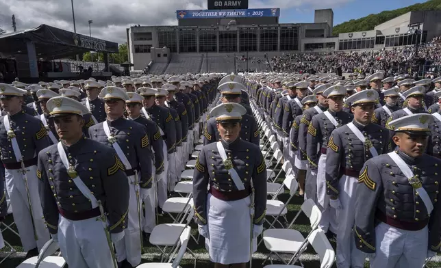 United States Military Academy graduating cadets line up during commencement ceremonies in West Point, N.Y., Saturday, May 24, 2025. (AP Photo/Adam Gray)