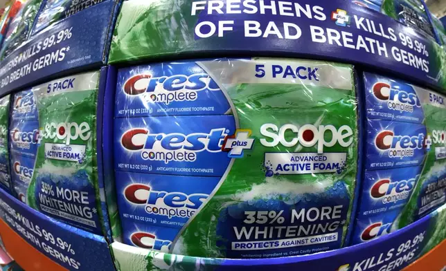 FILE - This is a display of Procter and Gamble Crest toothpaste in a Costco Warehouse in Pittsburgh on Thursday, Jan. 26, 2023. (AP Photo/Gene J. Puskar, File)