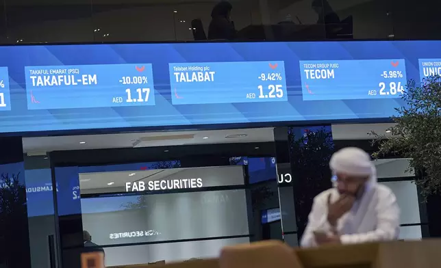 FILE - An Emirati man is seen in the Dubai Financial Market in Dubai, United Arab Emirates, Monday, April 7, 2025. (AP Photos/Fatima Shbair, File)