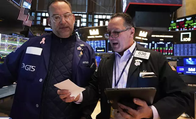 Traders work on the floor of the New York Stock Exchange, Thursday, May 1, 2025. (AP Photo/Richard Drew)