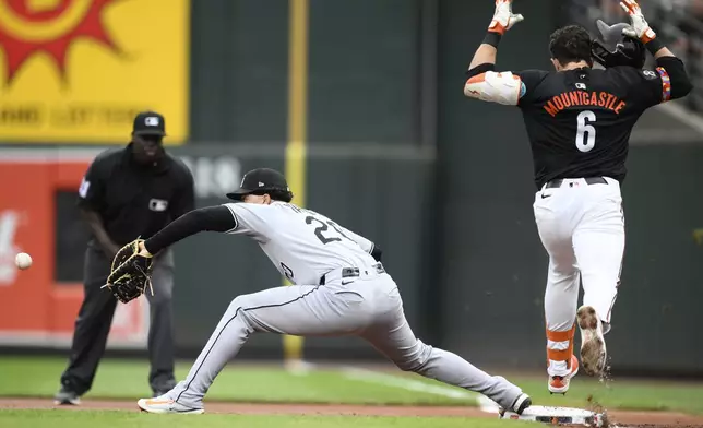 Baltimore Orioles' Ryan Mountcastle (6) is out at first against Chicago White Sox first baseman Miguel Vargas (20) during the inning of a baseball game, Friday, May 30, 2025, in Baltimore. (AP Photo/Nick Wass)
