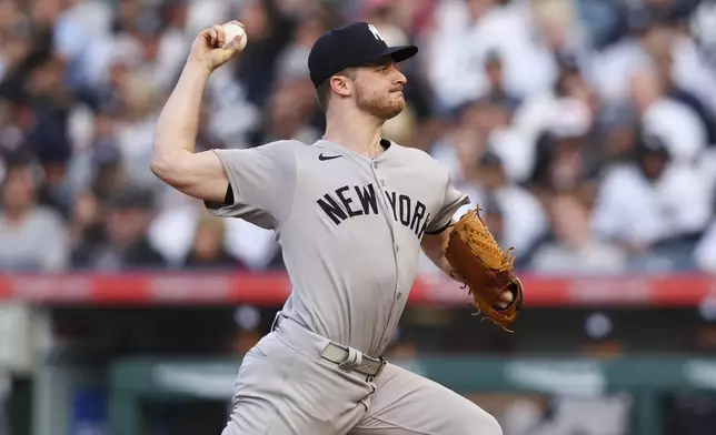 New York Yankees pitcher Clarke Schmidt delivers to a Los Angeles Angels batter during the first inning of a baseball game in Anaheim, Calif., Wednesday, May 28, 2025. (AP Photo/Jessie Alcheh)