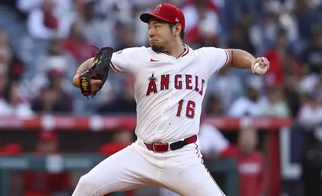 Los Angeles Angels pitcher Yusei Kikuchi (16) delivers to a New York Yankees batter during the first inning of a baseball game in Anaheim, Calif., Wednesday, May 28, 2025. (AP Photo/Jessie Alcheh)