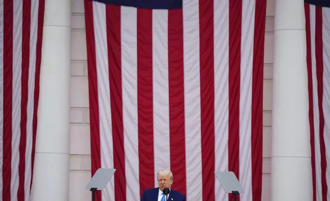 President Donald Trump delivers the Memorial Day Address at the 157th National Memorial Day Observance at Arlington National Cemetery, Monday, May 26, 2025, in Arlington, Va. (AP Photo/Julia Demaree Nikhinson)