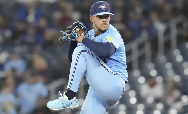 Toronto Blue Jays pitcher Jose Berrios works against the Boston Red Sox during first-inning baseball game action in Toronto, Thursday, May 1, 2025. (Chris Young/The Canadian Press via AP)