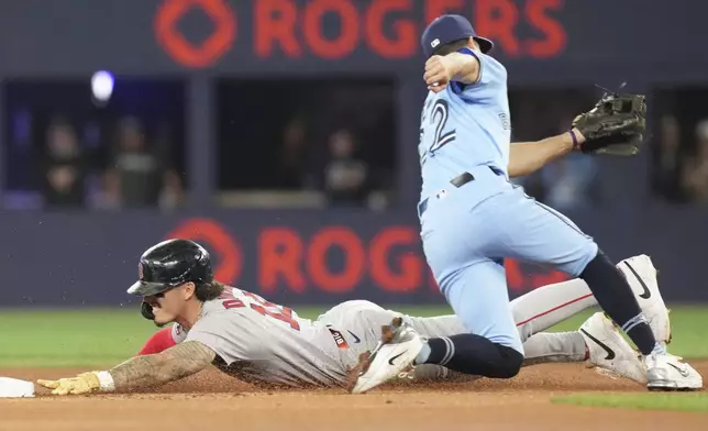 Boston Red Sox's Jarren Duran, left, steals second against Toronto Blue Jays second baseman Ernie Clement, right, during first-inning baseball game action in Toronto, Thursday, May 1, 2025. (Chris Young/The Canadian Press via AP)
