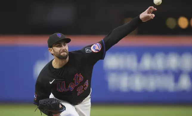 New York Mets' David Peterson (23) pitches during the second inning of a baseball game against the Colorado Rockies Friday, May 30, 2025, in New York. (AP Photo/Frank Franklin II)