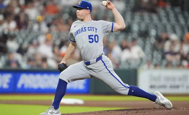 Kansas City Royals starting pitcher Kris Bubic throws during the first inning of a baseball game against the Houston Astros in Houston, Tuesday, May 13, 2025. (AP Photo/Ashley Landis)