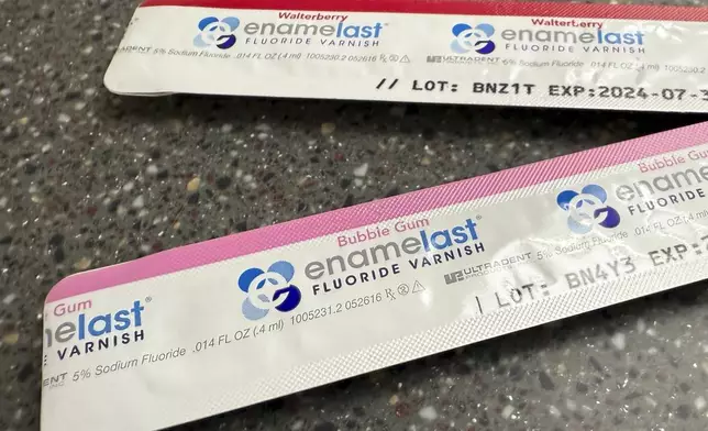 Fluoride varnish, a topical form of fluoride typically administered by dentists, is seen Monday, May, 5, 2025, at the Salt Lake Donated Dental Services clinic in Salt Lake City, Utah. (AP Photo/Hannah Schoenbaum)