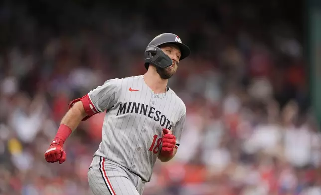 Minnesota Twins' Kody Clemens rounds the bases after hitting 2-run home run in the sixth inning of a baseball game against the Boston Red Sox, Saturday, May 3, 2025, in Boston. (AP Photo/Robert F. Bukaty)