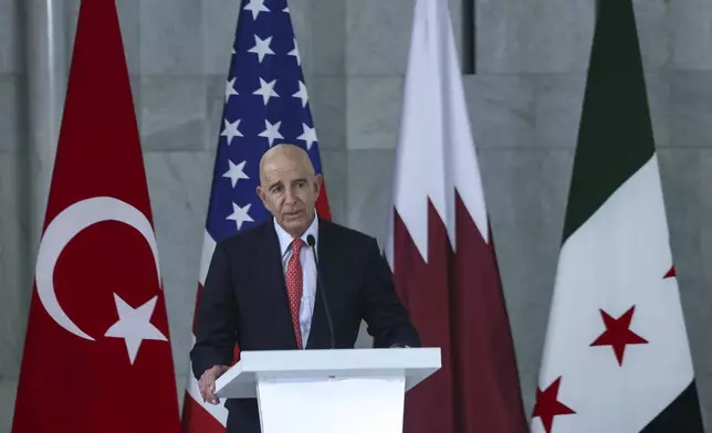 U.S. Ambassador to Turkey and Special Envoy to Syria Tom Barrack, speaks during the signing of an agreement for a consortium of Qatari, Turkish and U.S. companies for development of an energy project, in Damascus, Syria, May 29, 2025. (AP Photo/Ghaith Alsayed)