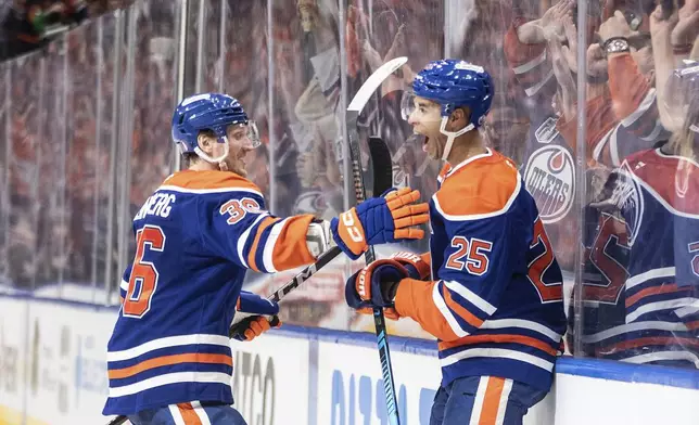 Edmonton Oilers' John Klingberg (36) and Darnell Nurse (25) celebrate a goal against the Los Angeles Kings during the second period of an NHL hockey game in Edmonton, Alberta, Thursday, May 1, 2025. (Jason Franson/The Canadian Press via AP)