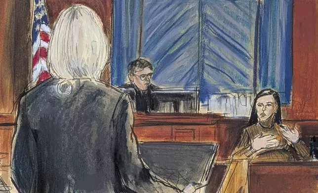 Witness Cassie Ventura, far right, answers questions from assistant US Attorney Emily Johnson, left, with Judge Arun Subramanian presiding in Manhattan federal court, Tuesday, May 13, 2025, in New York. (Elizabeth Williams via AP)