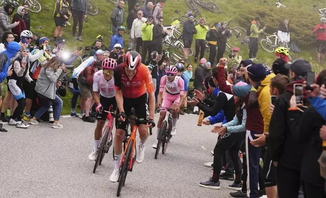 Mexico's Isaac Del Toro Romero, third from left, competes during the stage 15 of the Giro d'Italia from Fiume Veneto to Asiago, Italy, Sunday, May 25, 2025. (Fabio Ferrari/LaPresse via AP)