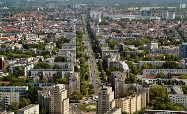 A view of the former Frankfurter Allee, now Karl-Marx-Strasse in central Berlin, Germany, Tuesday, April 29, 2025. (AP Photo/Markus Schreiber)