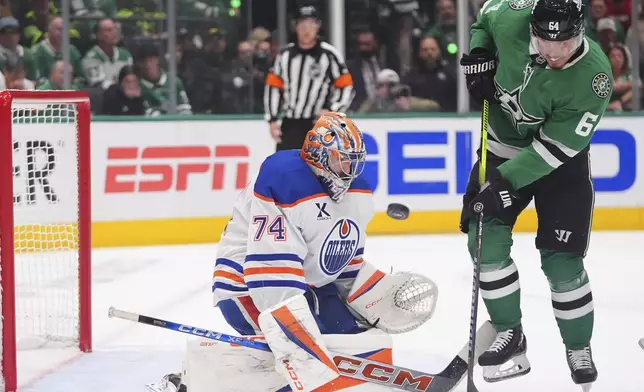 Edmonton Oilers goaltender Stuart Skinner (74) defends the goal against Dallas Stars center Mikael Granlund (64) during the first period in Game 2 of the Western Conference finals in the NHL hockey Stanley Cup playoffs Friday, May 23, 2025, in Dallas. (AP Photo/LM Otero)