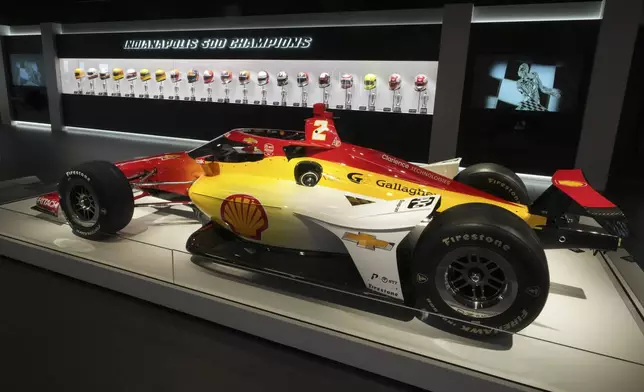The winning car that Josef Newgarden drove to victory in the 2024 Indianapolis 500 is shown in the Indianapolis Motor Speedway Museum at the Indianapolis Motor Speedway in Indianapolis, Monday, May 19, 2025. (AP Photo/Michael Conroy)