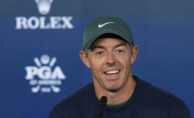 Rory McIlroy, of Northern Ireland, speaks during a news conference at the PGA Championship golf tournament at the Quail Hollow Club, Wednesday, May 14, 2025, in Charlotte, N.C. (AP Photo/Matt York)