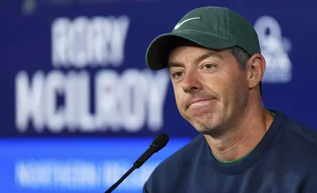 Rory McIlroy, of Northern Ireland, speaks during a news conference at the PGA Championship golf tournament at the Quail Hollow Club, Wednesday, May 14, 2025, in Charlotte, N.C. (AP Photo/Matt York)