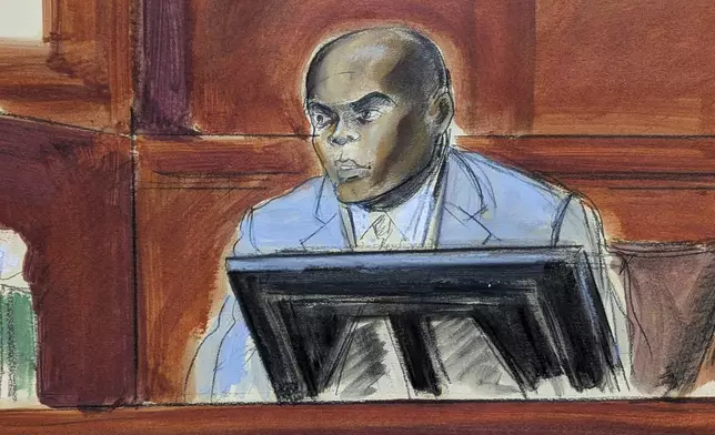 Professional stripper, Daniel Philip, testifies on witness stand on the first day of Sean Diddy Combs' trial in Manhattan federal court, Monday, May 12, 2025, in New York. (Elizabeth Williams via AP)