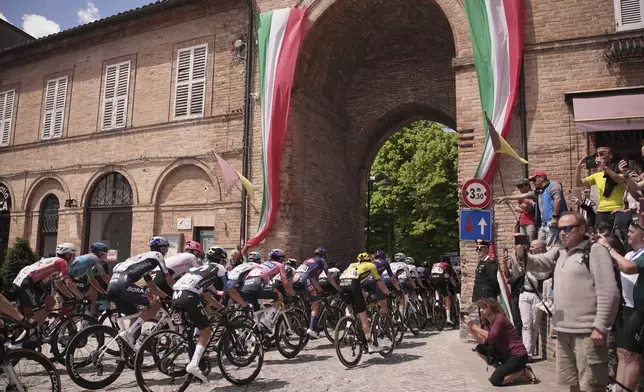 The pack rides during the 8th stage of the Giro d'Italia from Giulianova to Castelraimondo, Italy, Saturday May 17, 2025. (Marco Alpozzi/LaPresse via AP)