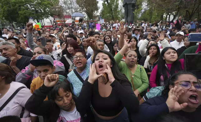 Supporters of Lenia Batres, who is running for election for the Mexican Supreme Court, cheer her on during her closing campaign rally in Mexico City, Wednesday, May 28, 2025. (AP Photo/Fernando Llano)