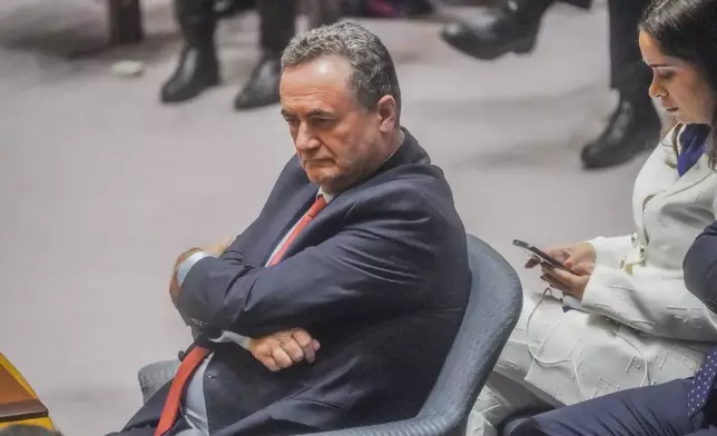 FILE - Israel's Foreign Affairs Minister Israel Katz listens during a meeting of the United Nations Security Council on the war in Gaza, March 11, 2024, at U.N. headquarters. (AP Photo/Bebeto Matthews, File)