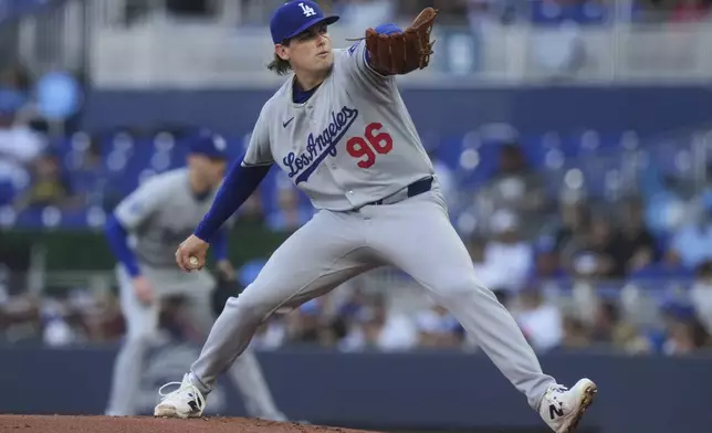 Los Angeles Dodgers pitcher Landon Knack (96) aims a pitch during the first inning of a baseball game against the Miami Marlins, Wednesday, May 7, 2025, in Miami. (AP Photo/Marta Lavandier)