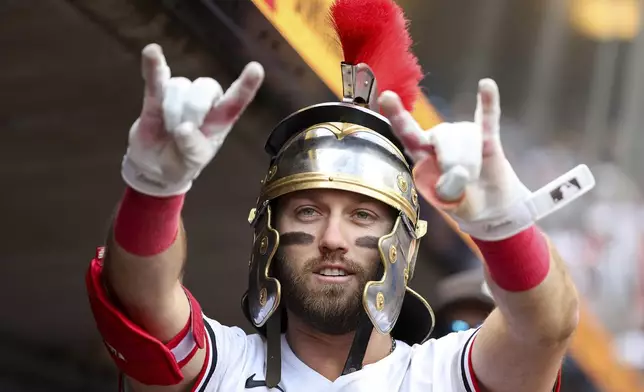 Minnesota Twins' Kody Clemens celebrates his game tying home run during the sixth inning of baseball game against the Kansas City Royals Saturday, May 24, 2025, in Minneapolis. (AP Photo/Matt Krohn)