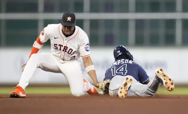 Tampa Bay Rays' Chandler Simpson (14) steals second base against Houston Astros shortstop Jeremy Peña (3) during the fourth inning of a baseball game, Thursday, May 29, 2025, in Houston. (AP Photo/Karen Warren)