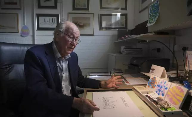 John Goldsmith, 94, speaks during an interview at his home in London, Thursday, April 24, 2025. (AP Photo/Kin Cheung)