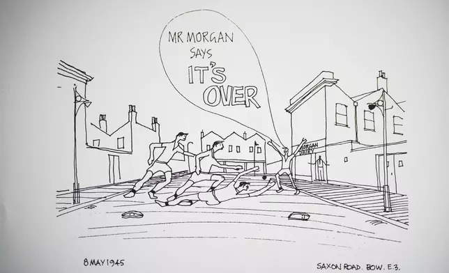 A drawing featuring Saxon Road, created by John Goldsmith, in London, Thursday, April 24, 2025. (AP Photo/Kin Cheung)