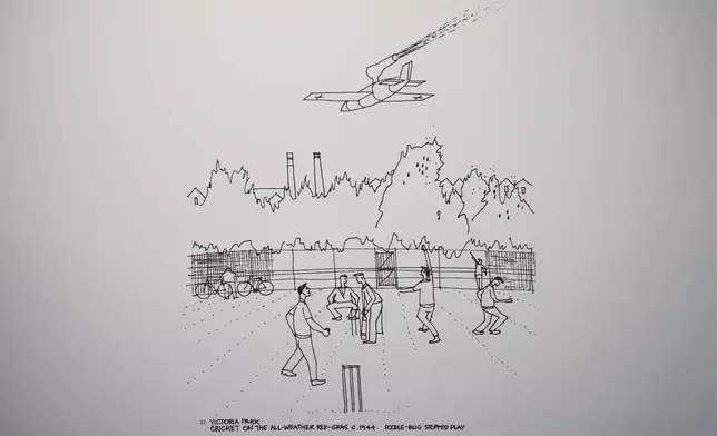 A drawing featuring Victoria Park created by John Goldsmith, in London, Thursday, April 24, 2025. (AP Photo/Kin Cheung)
