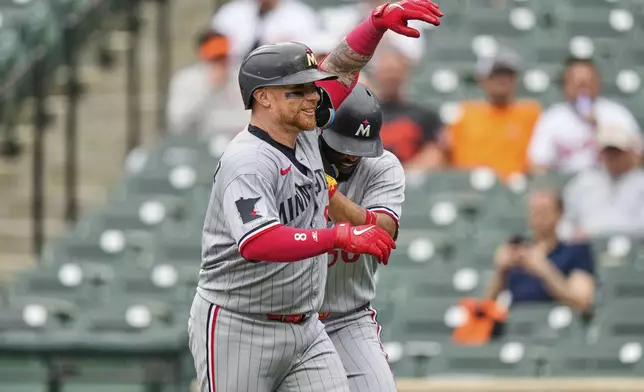 Minnesota Twins' Christian Vazquez, left, celebrates with Willi Castro after hitting a three-run home run during the fourth inning in the first baseball game of a doubleheader against the Baltimore Orioles, Wednesday, May 14, 2025, in Baltimore. (AP Photo/Stephanie Scarbrough)