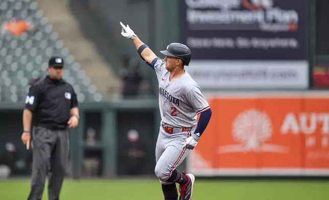 Minnesota Twins' Brooks Lee (2) celebrates after hitting a home run during the fourth inning in the first baseball game of a doubleheader against the Baltimore Orioles, Wednesday, May 14, 2025, in Baltimore. (AP Photo/Stephanie Scarbrough)