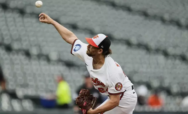 Baltimore Orioles starting pitcher Dean Kremer delivers during the first inning in the first baseball game of a doubleheader against the Minnesota Twins, Wednesday, May 14, 2025, in Baltimore. (AP Photo/Stephanie Scarbrough)
