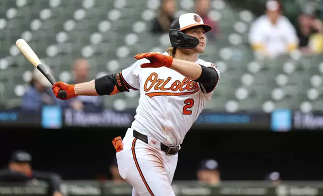 Baltimore Orioles' Gunnar Henderson (2) watches as he hits a two-run home run during the third inning in the first baseball game of a doubleheader against the Minnesota Twins, Wednesday, May 14, 2025, in Baltimore. (AP Photo/Stephanie Scarbrough)