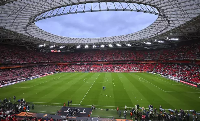A general view of the San Mamés Stadium ahead of the Europa League final soccer match between Tottenham Hotspur and Manchester United, in Bilbao, Spain, Wednesday, May 21, 2025. (AP Photo/Miguel Oses)