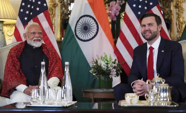 U.S. Vice President JD Vance, right, and Indian Prime Minister Narendra Modi attend a bilateral meeting at the residence of the U.S. Ambassador on the sidelines of the Artificial Intelligence Action Summit in Paris, Feb. 11, 2025. (Leah Millis/Pool Photo via AP, File)