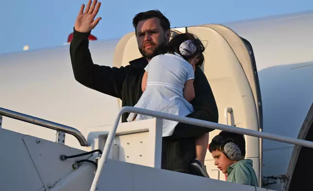 U.S. Vice President JD Vance and family arrive on Air Force Two at Joint Base Andrews, Md., Thursday, April 24, 2025. (Kenny Holston/The New York Times via AP, Pool)