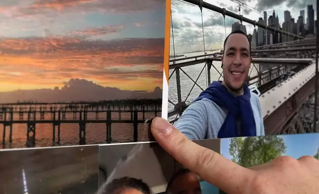 The girlfriend of Juan Serrano, a 28-year-old Colombian migrant with no criminal record who was detained Wednesday, May 21, 2025, at Miami Immigration Court after appearing for a hearing, points to a picture of the barrier island where the pair met while working on a cleanup and demolition crew following 2022's Hurricane Ian, inside their apartment in Oakland Park, Fla. (AP Photo/Rebecca Blackwell)