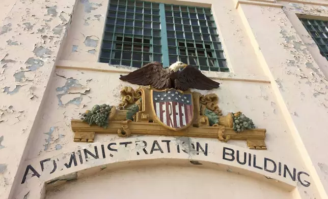 Paint peels off a wall of the former Alcatraz Federal Penitentiary on Nov. 10, 2017, on Alcatraz Island near San Francisco. (AP Photo/Michael R. Sisak)