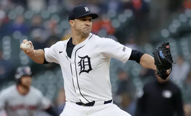 Detroit Tigers' Jack Flaherty pitches against the Cleveland Guardians during the second inning of a baseball game Thursday, May 22, 2025, in Detroit. (AP Photo/Duane Burleson)