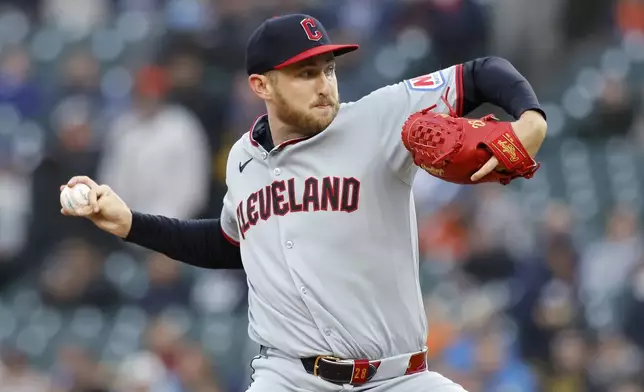 Cleveland Guardians' Tanner Bibee pitches against the Detroit Tigers during the second inning of a baseball game Thursday, May 22, 2025, in Detroit. (AP Photo/Duane Burleson)