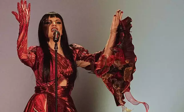 Shkodra Elektronike from Albania performs the song "Zjerm" during the first semi-final of the 69th Eurovision Song Contest, in Basel, Switzerland, Tuesday, May 13, 2025. (AP Photo/Martin Meissner)