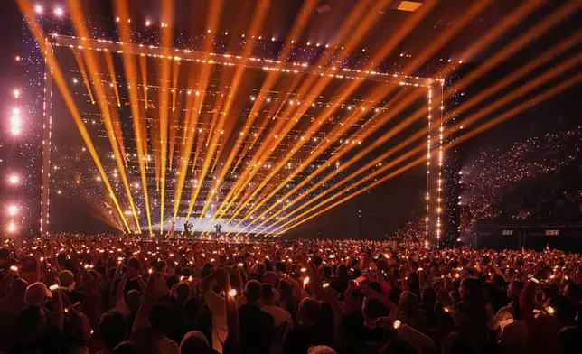 Klemen from Slovenia performs the song "How Much Time Do We Have Left" during the first semi-final of the 69th Eurovision Song Contest, in Basel, Switzerland, Tuesday, May 13, 2025. (AP Photo/Martin Meissner)
