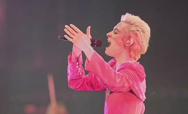 Ziferblat from Ukraine performs the song "Bird of Pray" during the first semi-final of the 69th Eurovision Song Contest, in Basel, Switzerland, Tuesday, May 13, 2025. (AP Photo/Martin Meissner)