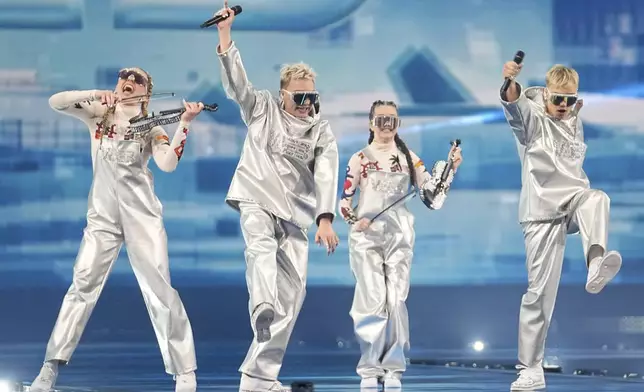VAEB from Iceland performs the song "ROA" during the first semi-final of the 69th Eurovision Song Contest, in Basel, Switzerland, Tuesday, May 13, 2025. (AP Photo/Martin Meissner)