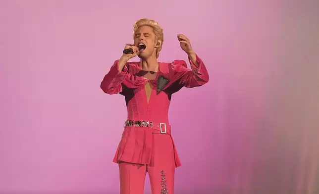 Ziferblat from Ukraine performs the song "Bird of Pray" during the first semi-final of the 69th Eurovision Song Contest, in Basel, Switzerland, Tuesday, May 13, 2025. (AP Photo/Martin Meissner)